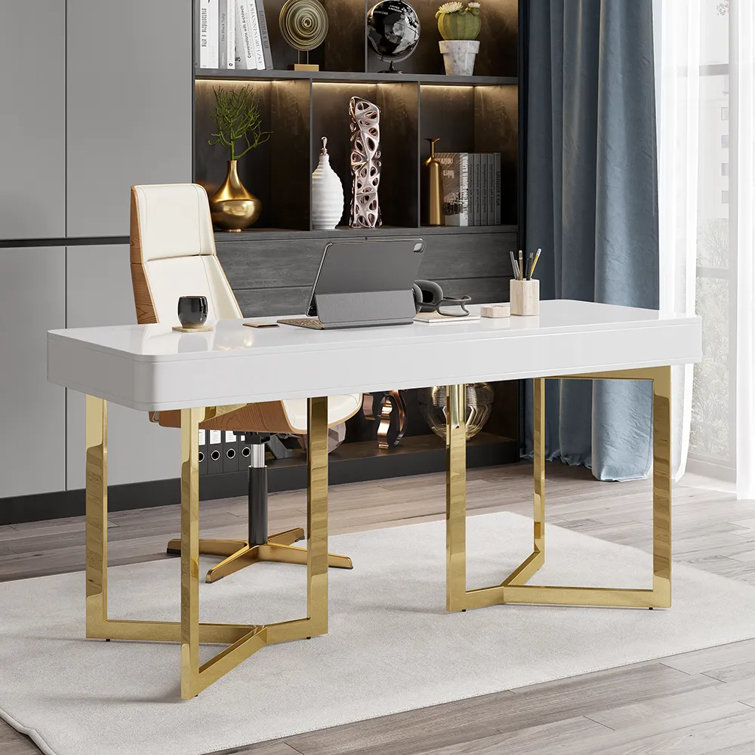 Everly Quinn 41 in Computer Desk With Two Drawers, White and Gold Modern  Study Writing Desk & Reviews