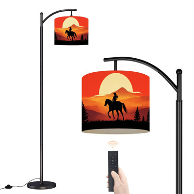 Arc Floor Lamp Silhouette Cowgirl Riding Horse Sunset Mountain Landscape Floor Lamps with Remote LED Lights Adjustable Lamp Shades Tall Standing Lamps for Reading Office Living Room