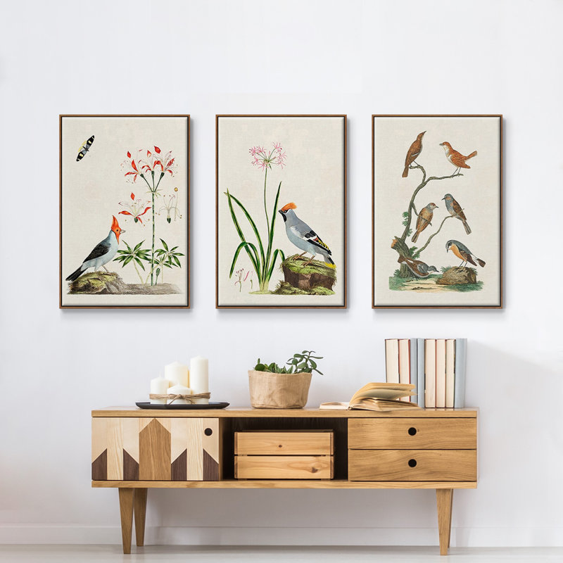 Oiseaux antiques dans la nature IV, 3 pièces, Noyer, H 36 po x l 72 po x P 2 po