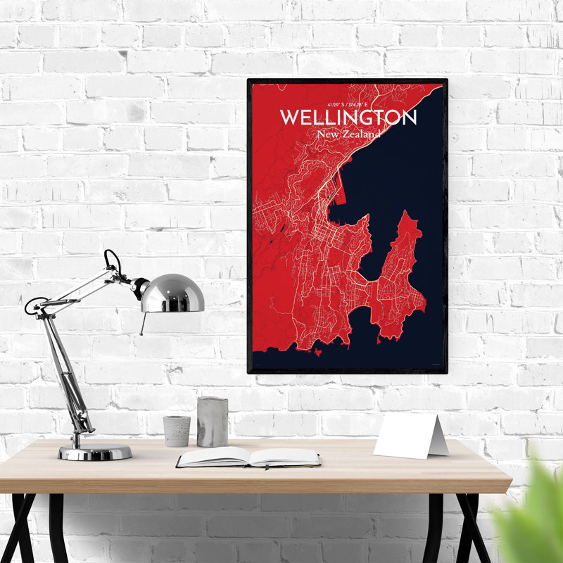 Wellington, carte de la ville, impression, H 36 po x l 24 po, Rouge / bleu marine