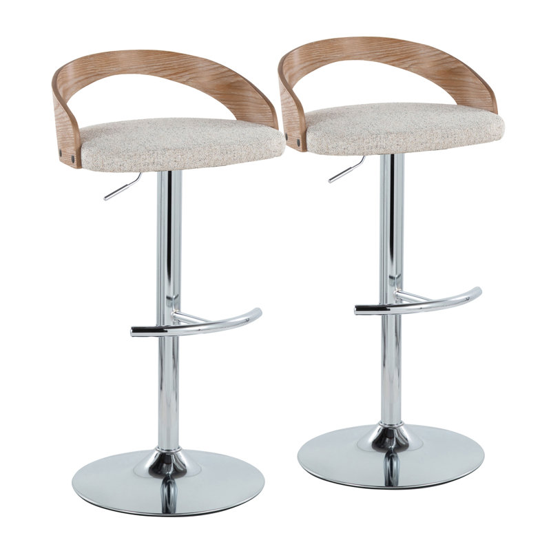 Tabouret de bar pivotant réglable en métal chromé, bois blanchi et tissu d'avoine avec repose-pieds arrondi en forme de T - Paquet de 2