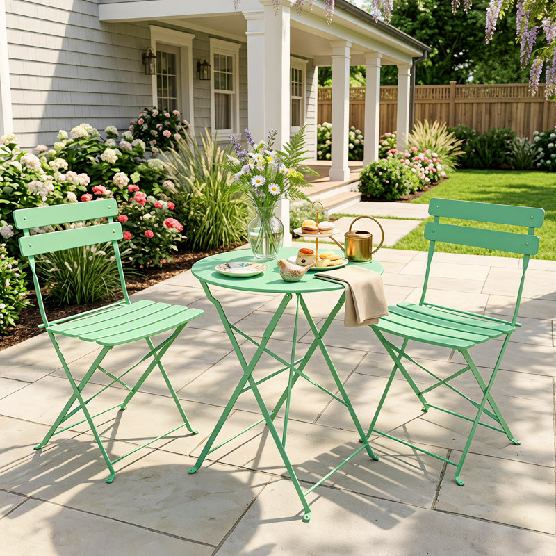 3-Piece Folding Patio Bistro Set – No Assembly, Water-Resistant Metal, Easy Storage, Green
