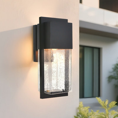 Modern Black Outdoor Wall Sconce with Seedy Glass Shade - Waterproof Exterior Lighting for Patio, Porch & Entryway