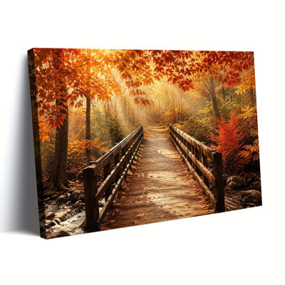 Automne, forêt d'érable, pont en bois, lumière du soleil, art photographique sur toile tendue, prête à être accrochée