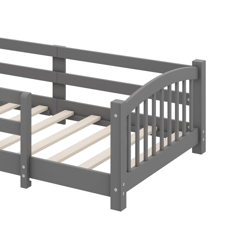 Twin-Sized Montessori-Style Floor Bed With Safety Railings, Wooden Bed With Slats And Enclosure, No Door Provided, Gray, Twin