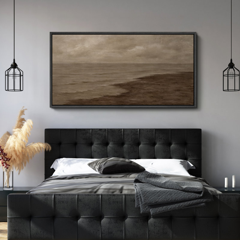 «Calm Coastal Shoreline Cloudy Moody Seascape», reproduction d'art sur toile encadrée dans la chambre principale