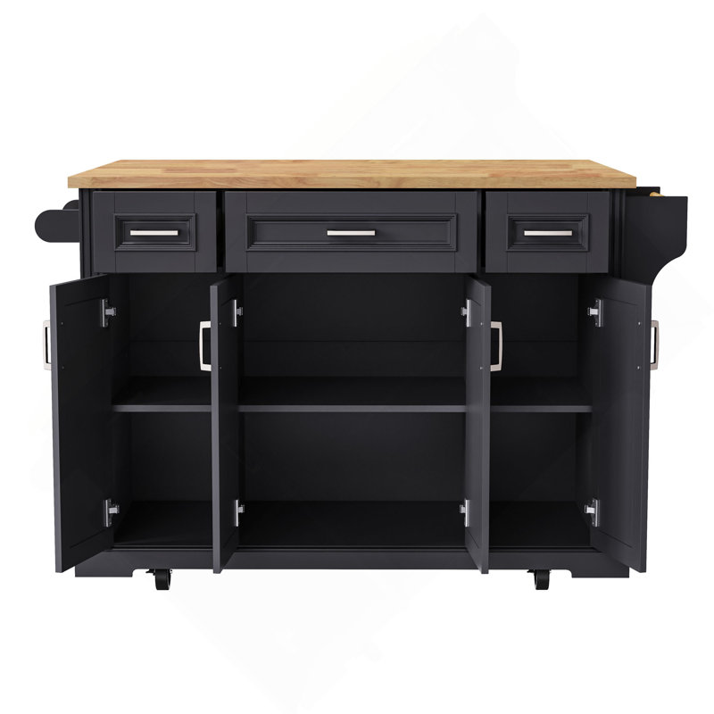54Inch Large Kitchen Island With Rubber Wood Drop Leaf, Embossed Texture Rolling Kitchen Cart On 4 Wheels With 4 Doors And 3 Drawers, Kitchen Island With Storage For Kitchen, Dining Room