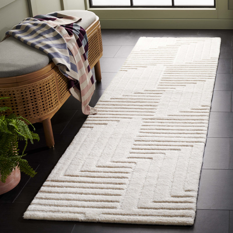 Tapis ivoire en laine / coton touffeté à la main Nicoleann, Tapis de couloir 2 pi 3 po x 8 pi