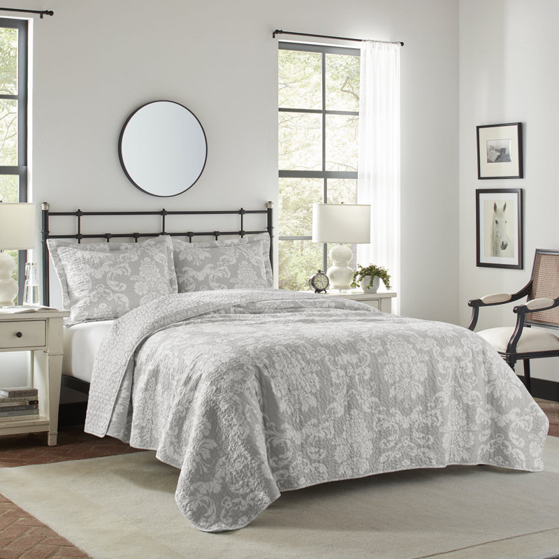 Laura Ashley Venetia Reversible Cotton Quilt Set, Full/Queen Quilt + 2 Shams, Gray