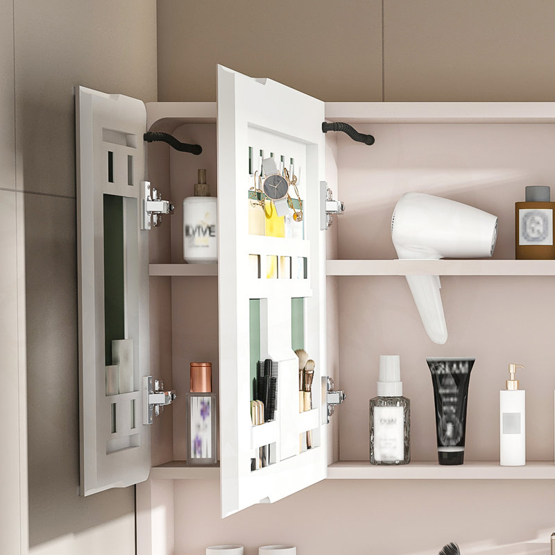 Miroir en aluminium pour armoire à pharmacie avec lumière DEL 3 couleurs, désembuage et rangement pour cosmétiques, 35 x 28 pouces