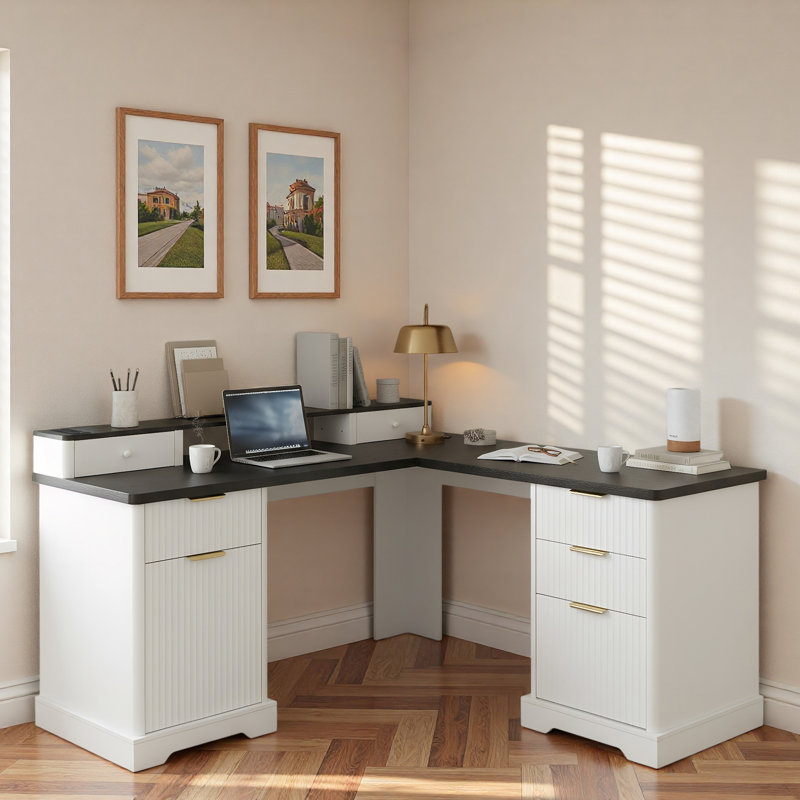 Modern Fluted L-shaped Desk With Charging Station, Storage Cabinet, Monitor Stand, File Drawer And Removable Support Shelf