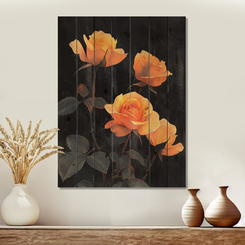 Midnight Vintage Rose Flowers Elegance II - Roses Wood Wall Art - On Natural Pine Wood, 44" H x 34" W x 0.78" D