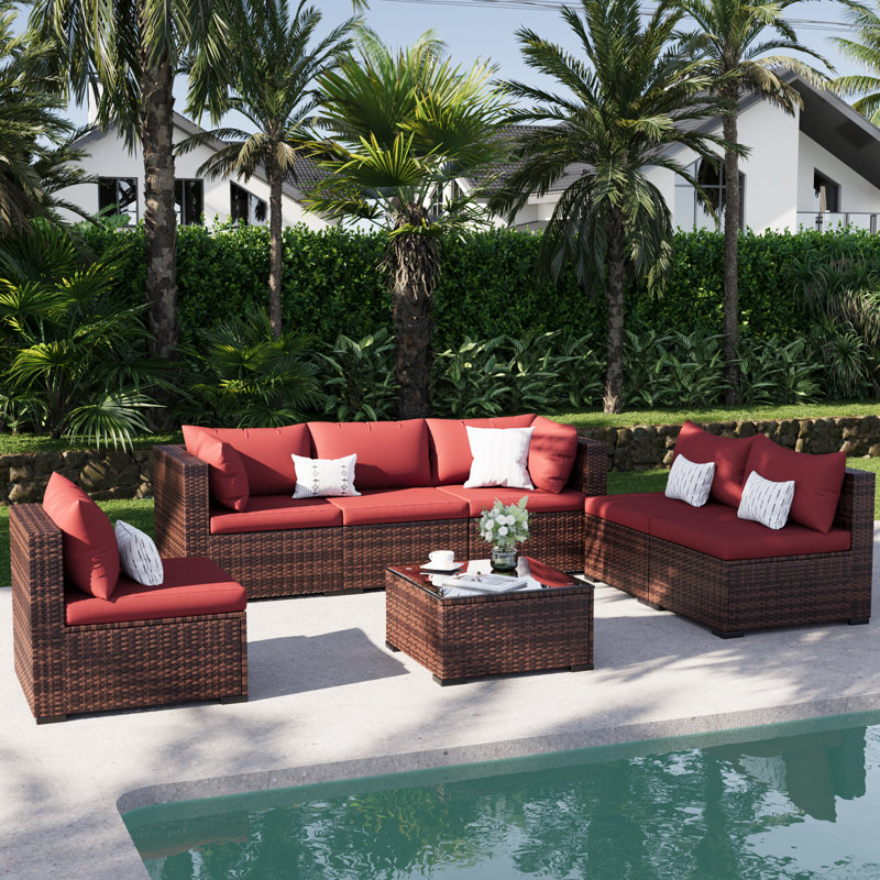 Bhairavi 6 - Person Modular Patio Conversation Set with Cushions, Burgundy