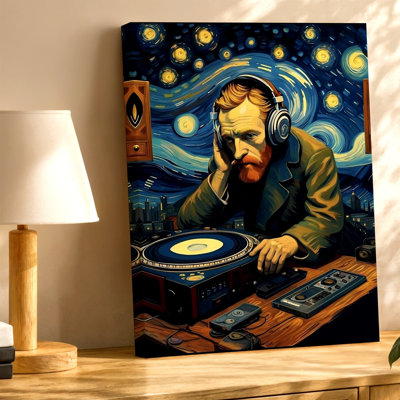 Starry Night DJ Headphones Turntable Speakers Music Room Canvas Wall Art Print, Modern Decorative Artwork for Living Room Bedroom Office Hallway Gallery Wall Home Decor Accent