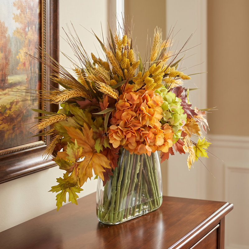 Fall Hydrangea and Wheat Arrangement in Glass Vase
