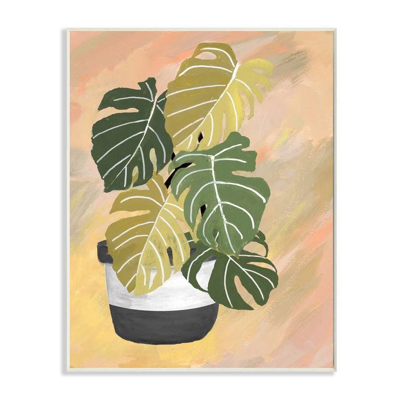 Monstera tropical à feuilles uniques sur fond abstrait, Bois, H 10 po x l 15 po