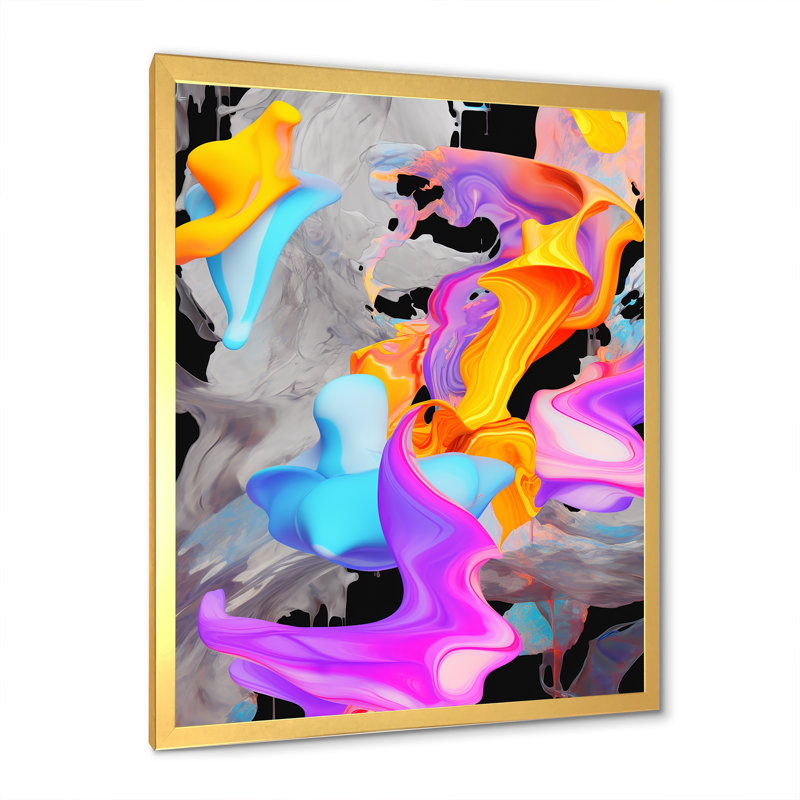 Peinture rose et bleue Fusion III - Art mural abstrait, Cadre doré simple, H 20 po x l 12 po x P 1 po