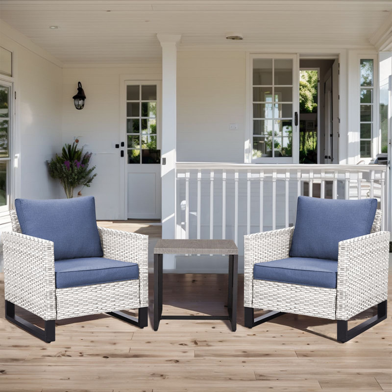 Naresa 3-Piece Wicker Patio Chair Set With Side Table  All-Weather PE Rattan, UV-Resistant Cushions, Light Gray, Blue