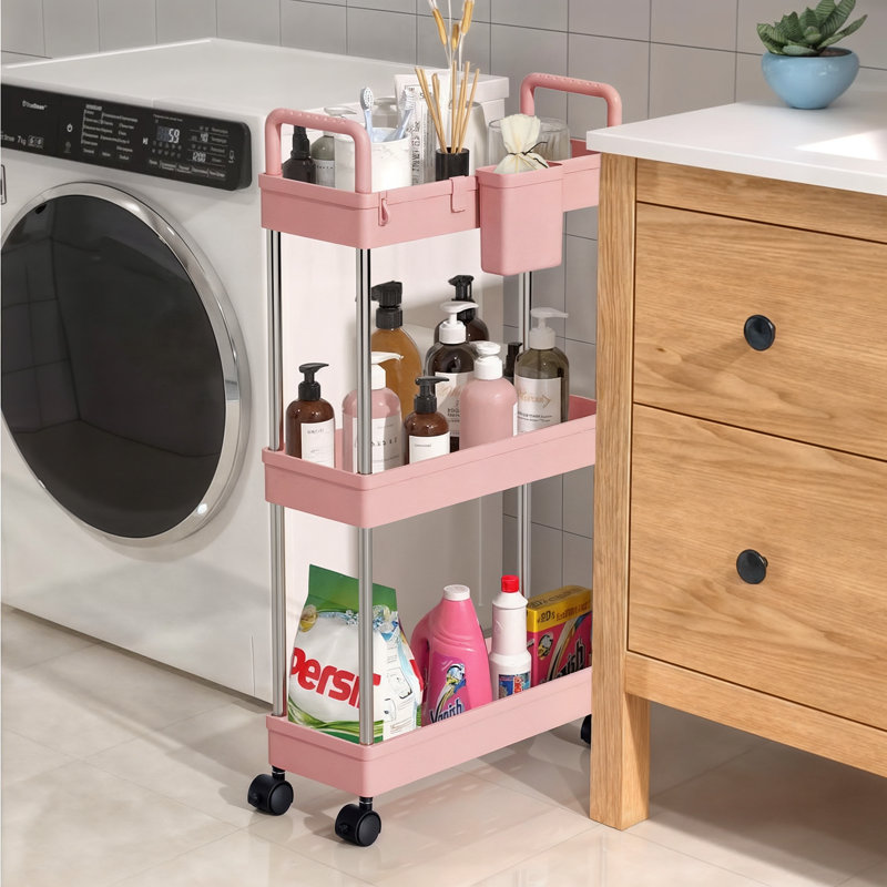 3 Tier Slim Rolling Utility Cart, Mobile Shelving Unit Trolley Cart Organizer With Wheels For Kitchen Bathroom, Pink