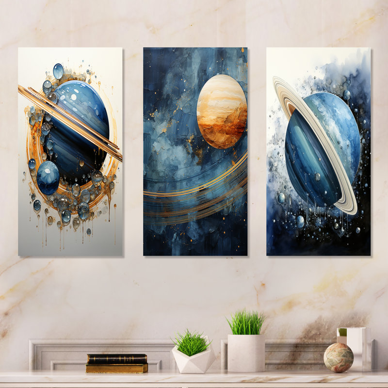 Ensemble de 3 décorations murales Sapphire Saturn Cosmic Wonder - Notre système solaire, Toile tendue, H 28 po x l 36 po