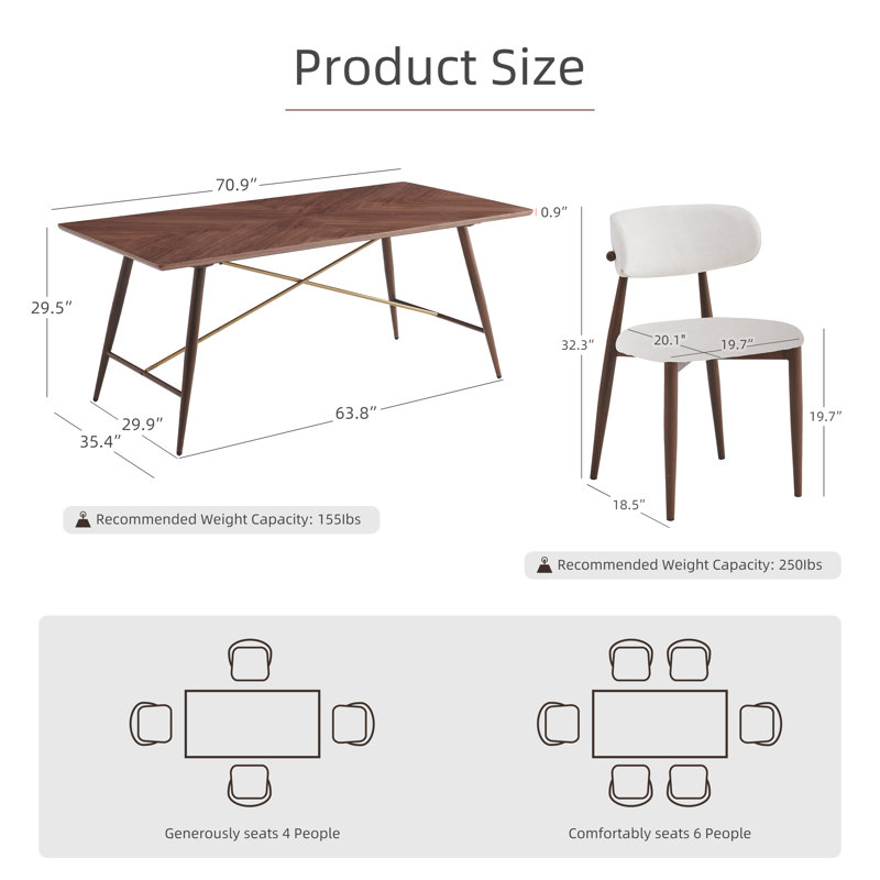 7-Piece 70.9" Wood Grain Rectangular Dining Table With 6 White Dining Chairs – Perfect For Modern Kitchen, Dining Room, Living Room