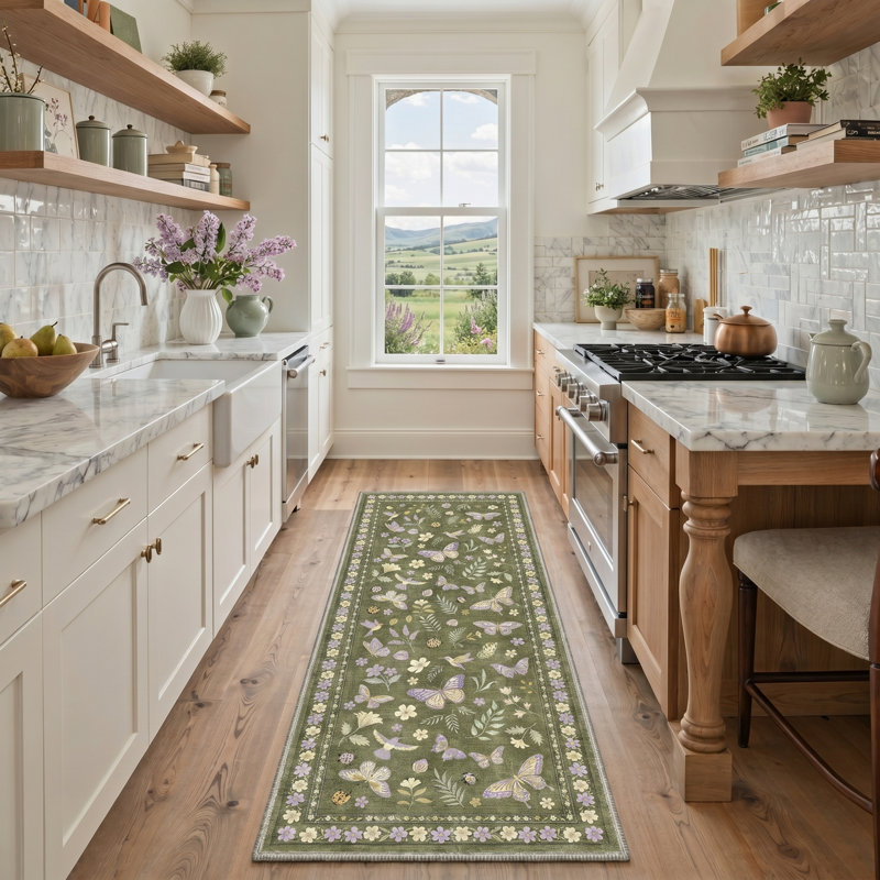 Adonis Serenia Floral Machine Washable Green / Purple / Beige Indoor Area Rug with Non-Slip Backing, Runner 2'3" x 6'