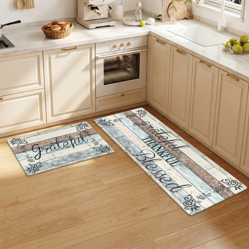 Anti-Fatigue Non-Skid Waterproof Kitchen Mat (Set of 2), Runner 18" x 30" + 18" x 48", Teal/Brown/Beige