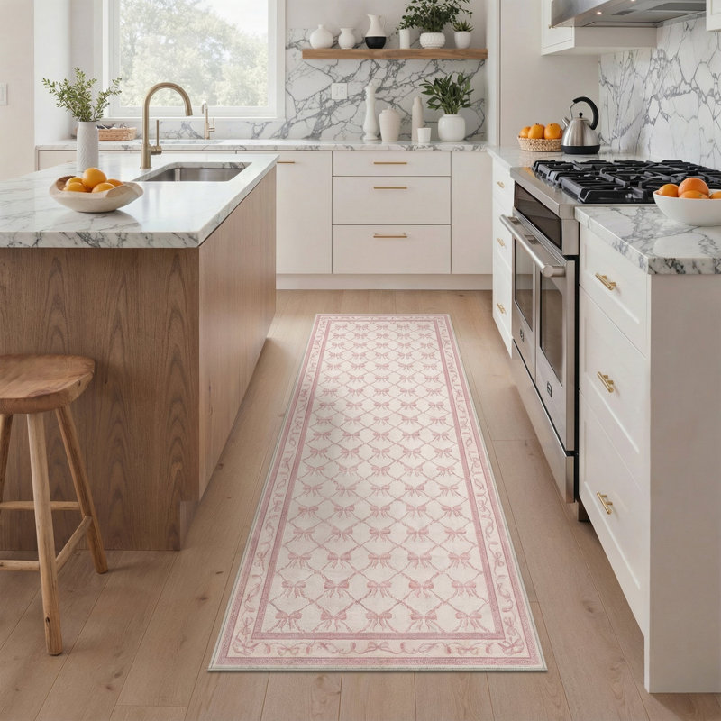 Coquette Pink Bow Trellis Machine Washable Non-slip Kids Area Rug, Runner 2'3" x 6'
