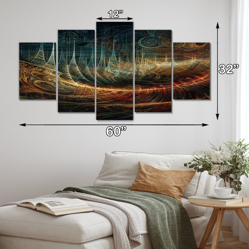Futur Harmony Soundwaves Ocean Seascape III - Formes abstraites, art mural, salon - 5 panneaux
