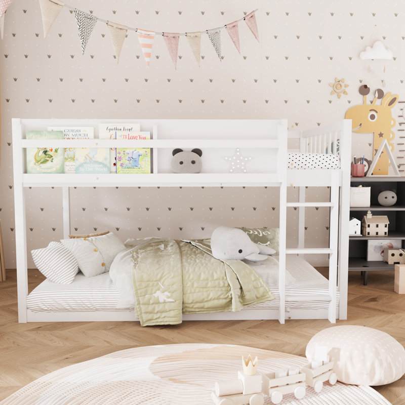 Lit superposé simple au-dessus d'un lit simple pour enfant avec garde-corps et échelle, Blanc