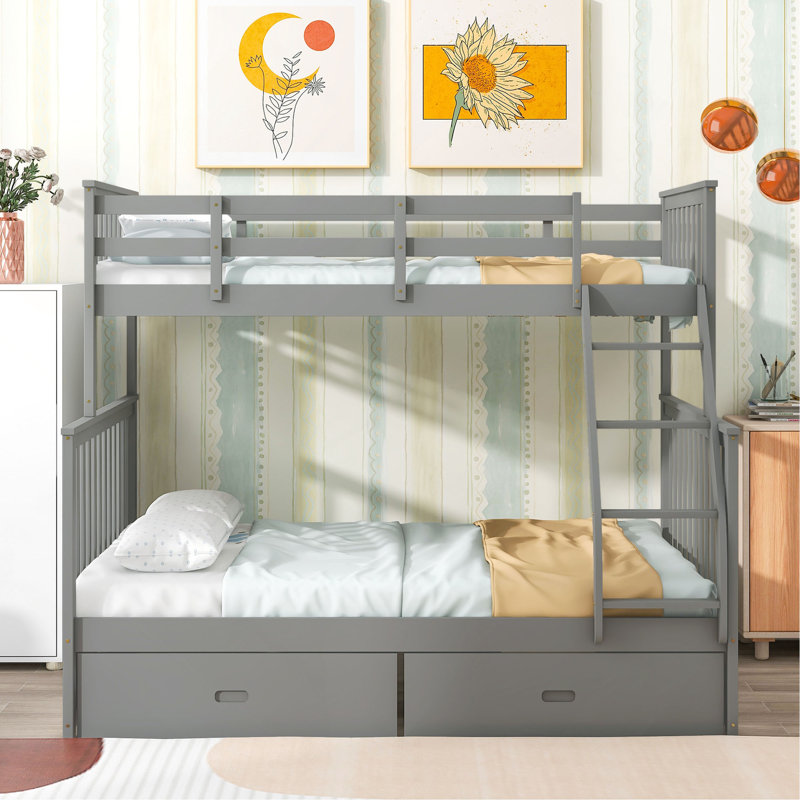Lit superposé avec tiroirs de rangement, lit superposé en bois avec échelle et garde-corps, Gris