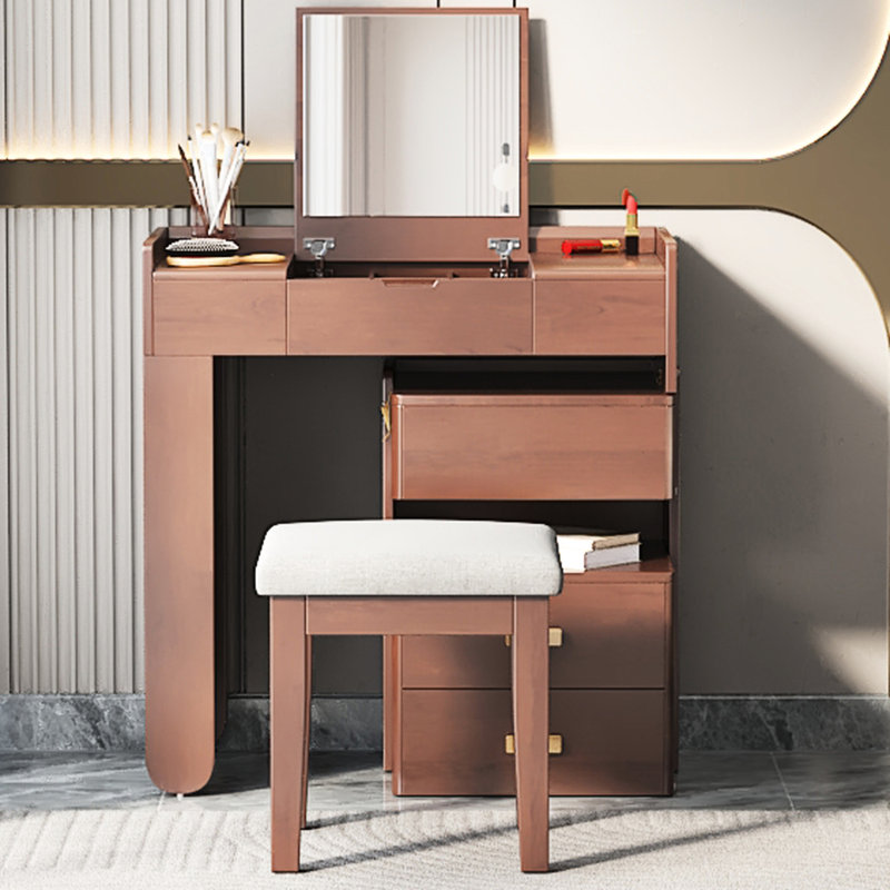 31 Walnut Makeup Table With 3-Color Led Lighting, Fold-Down Mirror, And Divided Storage Drawers For Home Decor Vanity Adjustable Retractable Side Cabinet Use