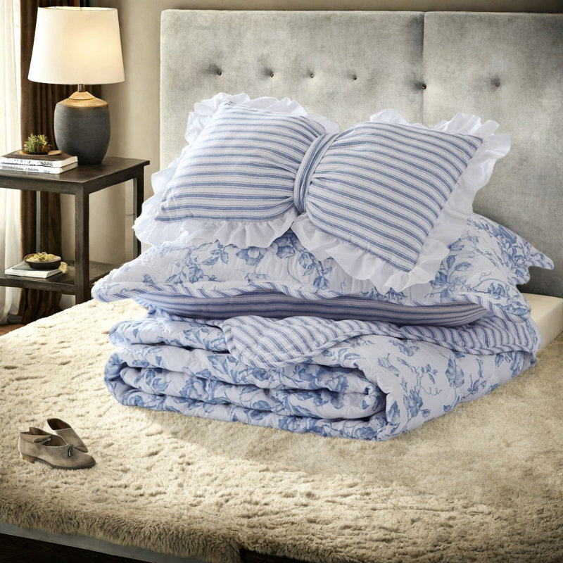 Reversible Bedding Sets Polyester Twin XL Blue Floral Modern Home Quilt