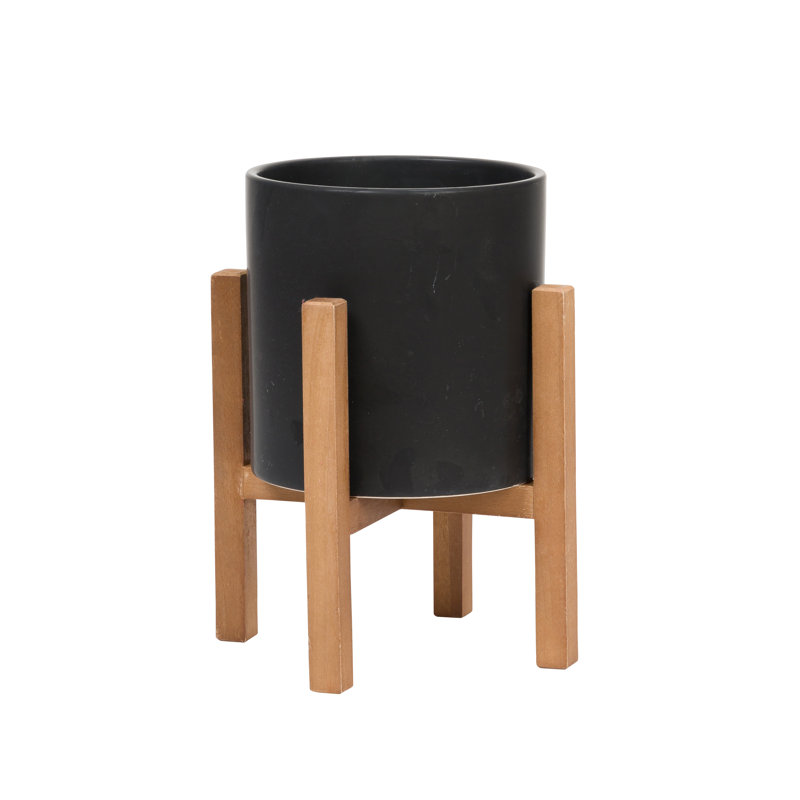 Surles Round Modern Ceramic Indoor Pot Planter with Wood Legs, 13" H x 9" W x 9" D, Black