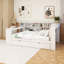 Lit plateforme en bois pleine grandeur avec tablettes de rangement, tiroirs, station de charge, DEL, bureau et tête de lit tapissier, coussin blanc et beige-787589221-787589222