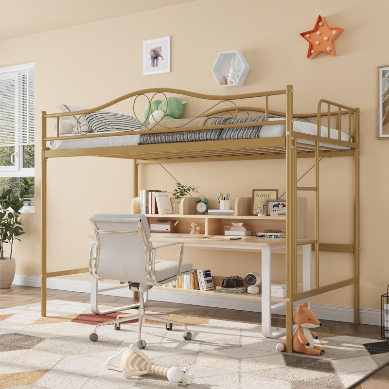 Loft Bed Twin Size with Removable Ladder & Full Safety Guardrail, Twin Loft Bed Heavy-Duty Metal Frame 400 Lbs Weight Capacity, Space Saving, No Box Spring Needed & Noise Free, Gold