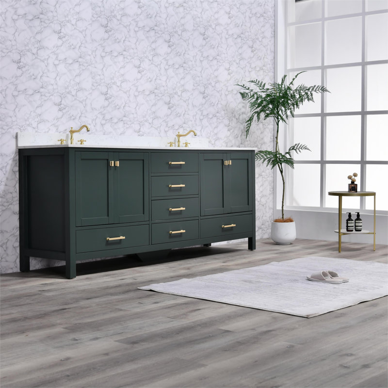 Meuble-lavabo 84 po avec double vasque Cholena, Vert, Or brossé