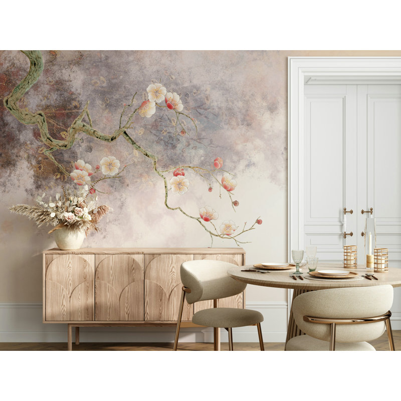 Papier peint beige avec branches de prunier doux, L 115 po x l 225 po