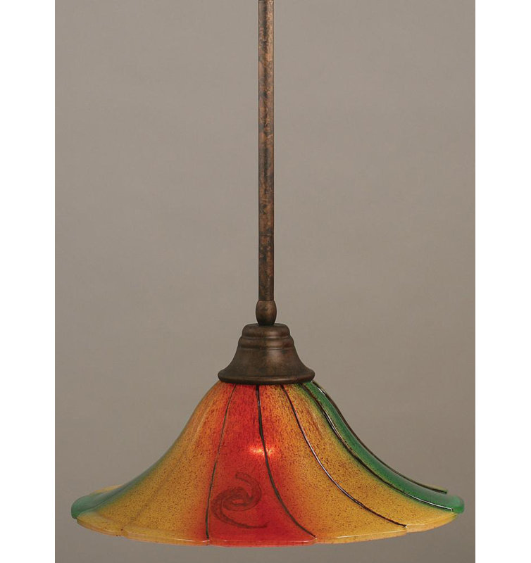 Stem Hung Pendant With Glass, Dark Granite, 14", Mardi Grass Glass