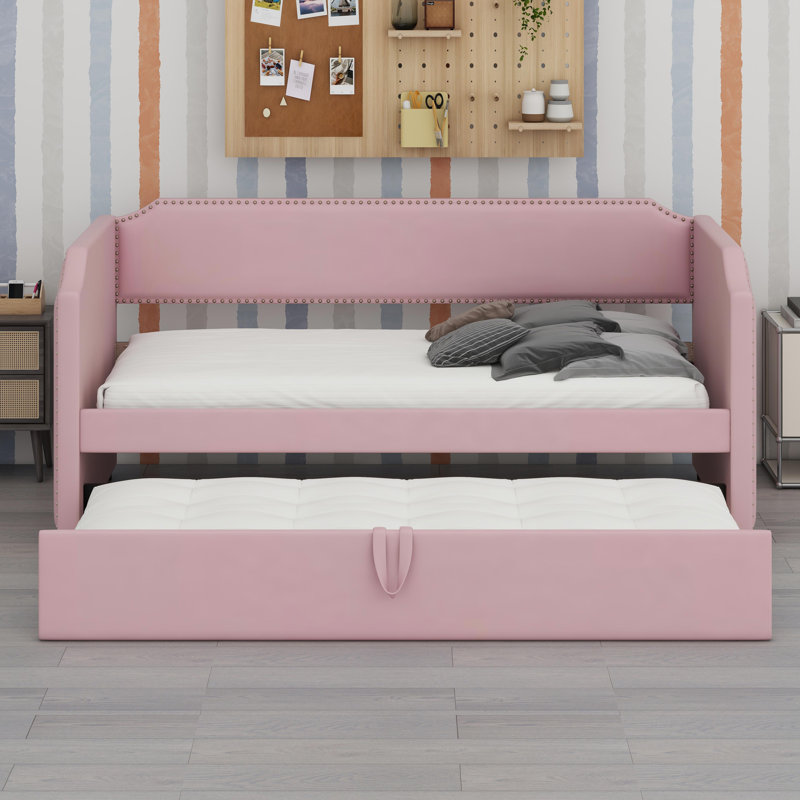Lit de jour en velours avec lit gigogne, Rose