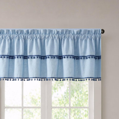  Valances for Windows 52 x 18 Inch|Kitchen Valances Curtain for Windows with Pom Pom Trim for Summer Room Décor, Bedroom | Blue Half Curtains for Windows for Farmhouse, Bathroom, Living Room