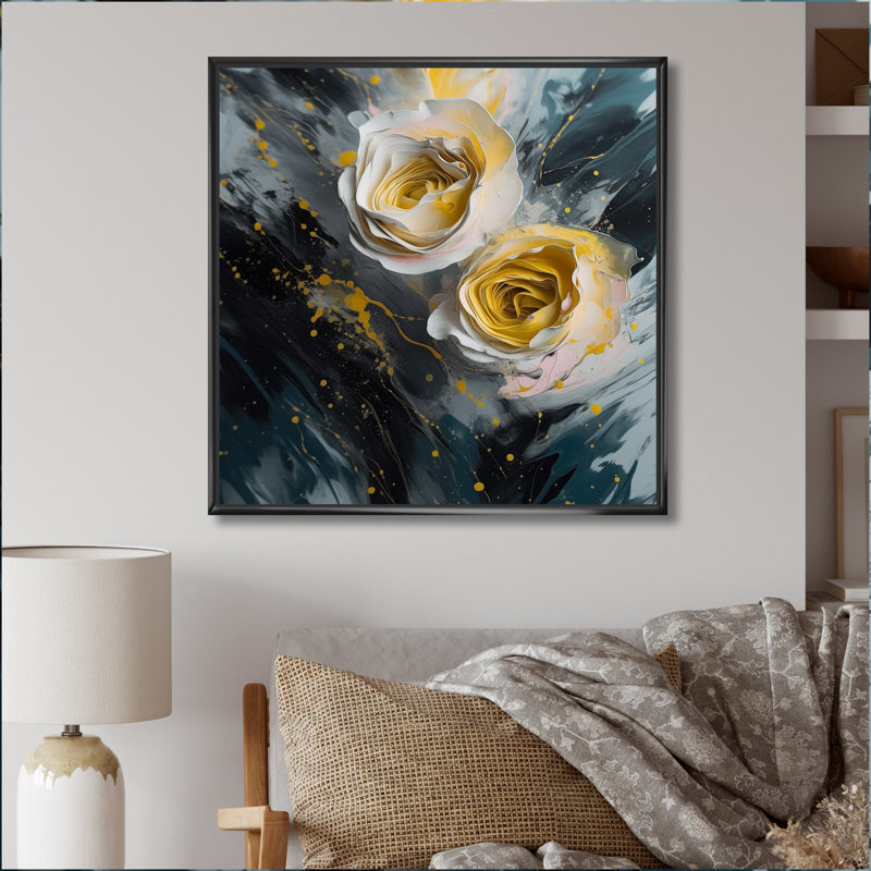 Tapisserie rose jaune III - impression, H 36 po x l 36 po x P 1,5 po, Cadre flottant noir