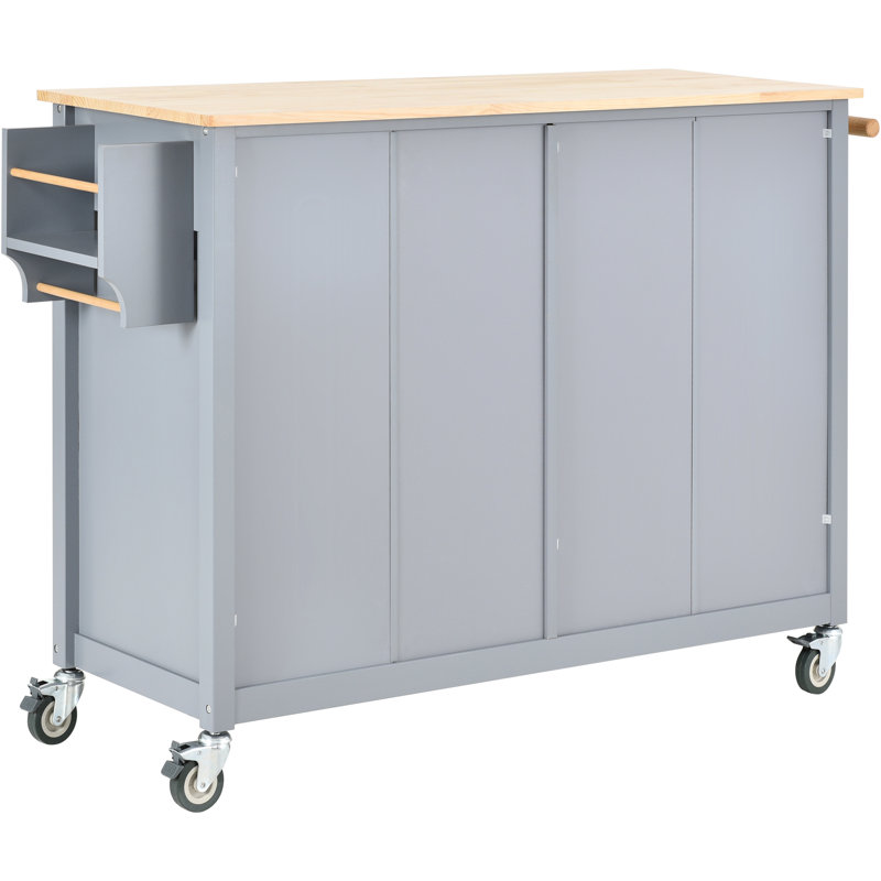 Kitchen Island Cart - Solid Wood Top, 4 Door Cabinet, 2 Drawers, Spice & Towel Rack, Locking Wheels  Grey Blue Finish With Storage And