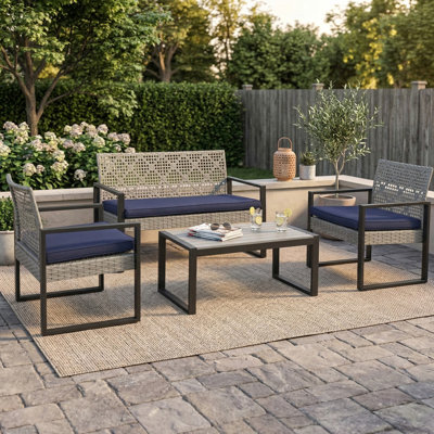 4 Pieces Outdoor Patio Furniture Set, PE Rattan Wicker Garden Conversation Chairs with Acacia Wood Table Top and Soft Cushions for Backyard Pool or Lawn
