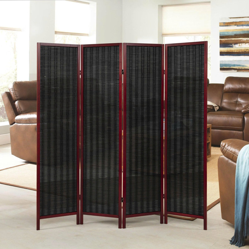 Paravent à 4 panneaux en bambou Roundhill Furniture, cloison pliante portable, cadre noir, Rouge / Noir
