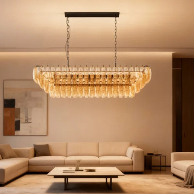 Lustres rectangulaires noirs de 54 po pour la salle à manger, grand lustre en verre fumé à 4 niveaux à 12 lumières, luminaire suspendu pour îlot de cuisine moderne pour vestibule de salon