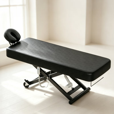 Table de massage électrique noire à plateau relevable avec appui-tête et roulettes, d'une capacité de 250 kg