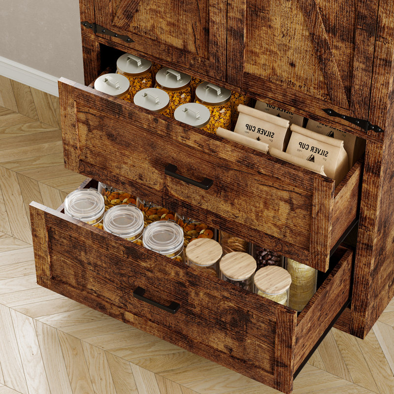 Garde-manger 71 "avec porte de grange avec tiroirs et tablettes réglables pour la cuisine, Brun