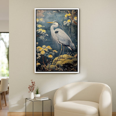 «Blue Heron in Lotus Garden», reproduction d'art sur toile encadrée d'inspiration orientale pour une salle de bain zen tranquille ou un décor d'étude serein