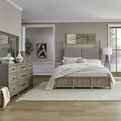 Aason California King Upholstered Poster Bed, Dresser & Mirror Bedroom Set